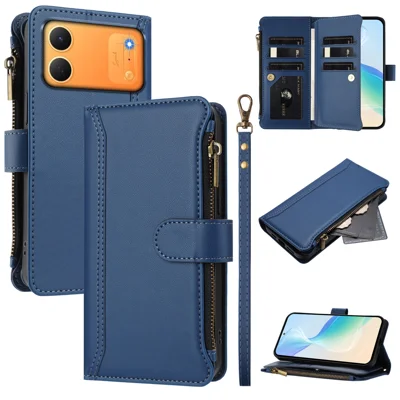 Für TECNO Spark 50C 4G Ledertasche mit 9 Kartensteckplätzen, Reißverschluss-Portemonnaie, Ständer und Handschlaufe - Dunkelblau