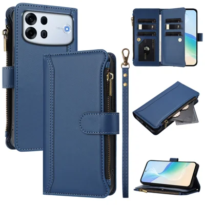 Funda de cuero para Oppo A7 Pro Max 5G con 9 ranuras para tarjetas, bolsillo con cremallera, soporte y correa de mano - Azul oscuro