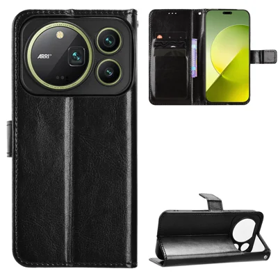  For Honor Magic9 Pro Max 5G PU Leather Case with Strap Crazy Horse Texture Phone Wallet Cover - Black