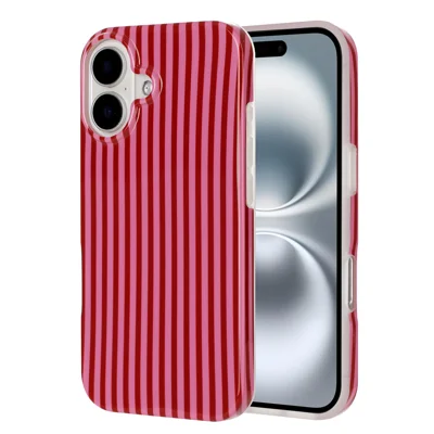  For iPhone 16 TPU-case IMD Fin Stripe-mønster Anti-drop Telefon Bagdæksel - Lyserød / Rød