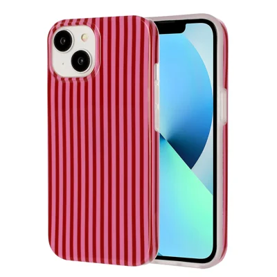  For iPhone 15 TPU Case IMD Fin Stripe Mønster Anti Drop Telefon Bagdæksel - Pink / Rød
