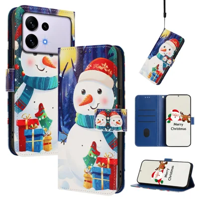 Voor Samsung Galaxy S27 Ultra Wallet Case met Kerstpatrijnsafdruk Leren Telefoonhoes met Lus - Geschenkdoos Sneeuwman