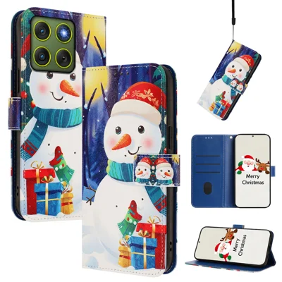 Voor Motorola Moto X70 Air 5G / Motorola Edge 70 5G Portefeuillehoesje Kerstpatroon Bedrukt Leren Telefoonhoesje met Lanyard - Geschenkdoos Sneeuwman