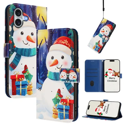  For iPhone 16 Plus Wallet Case Christmas Pattern Printing Leather Phone Cover with Lanyard - Gift Box Snowman