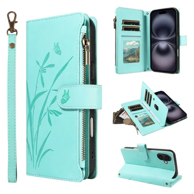 For iPhone 16 Wallet Case 9 Card Slots Zipper Pocket Foldable Stand Imprint Orchid Pattern Leather Phone Cover with Wrist Strap - Green