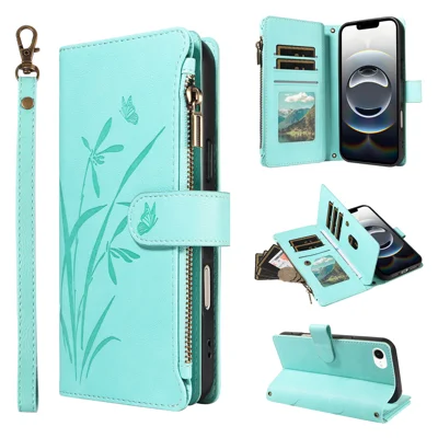  For iPhone 17e / iPhone 16e Wallet Case 9 Card Slots Zipper Pocket Foldable Stand Imprint Orchid Pattern Leather Phone Cover with Wrist Strap - Green