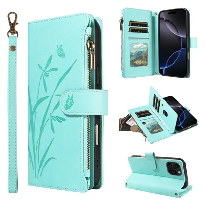  For iPhone 16 Pro Max Wallet Case 9 Card Slots Zipper Pocket Foldable Stand Imprint Orchid Pattern Leather Phone Cover with Wrist Strap - Green