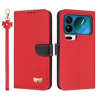 For Xiaomi 18 Pro Max Case Bowknot Decor Wallet Leather Phone Cover with Wrist Strap - Red