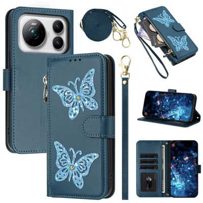 For Honor Magic9 5G Case Glitter Butterfly Zipper Pocket Stand Leather Phone Cover with Hand Strap / Shoulder Strap - Blue
