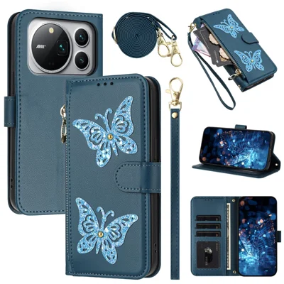 For Honor Magic9 Pro Max 5G Case Glitter Butterfly Zipper Pocket Stand Leather Phone Cover with Hand Strap / Shoulder Strap - Blue