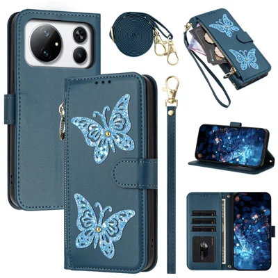 For Honor Magic9 Super Edition 5G Case Glitter Butterfly Zipper Pocket Stand Leather Phone Cover with Hand Strap / Shoulder Strap - Blue
