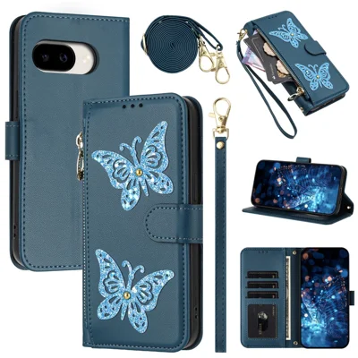 For Google Pixel 11a Case Glitter Butterfly Zipper Pocket Stand Leather Phone Cover with Hand Strap / Shoulder Strap - Blue