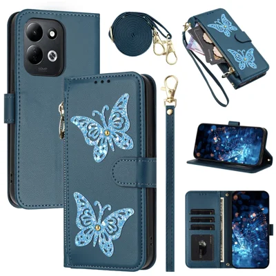 For Xiaomi Redmi 17C 5G Case Glitter Butterfly Zipper Pocket Stand Leather Phone Cover with Hand Strap / Shoulder Strap - Blue