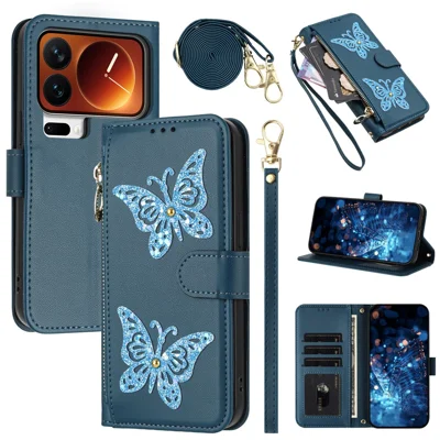 For Xiaomi 18 Pro Max Case Glitter Butterfly Zipper Pocket Stand Leather Phone Cover with Hand Strap / Shoulder Strap - Blue