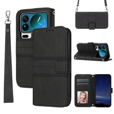 For Xiaomi 18 Pro Max Case Skin-Touch Leather Imprinted Wallet Phone Cover with Shoulder Strap + Wrist Strap - Black