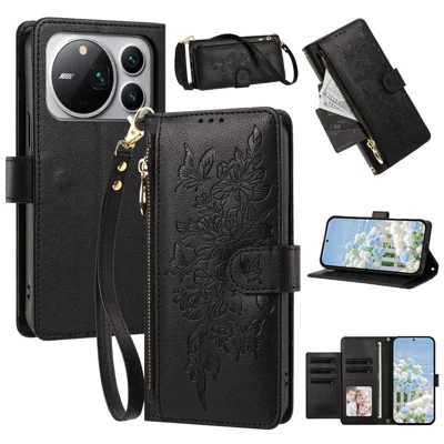 For Honor Magic9 Pro Max 5G Case PU Leather Butterfly Floral Zippered Wallet Phone Cover with Wrist Strap / Shoulder Strap - Black