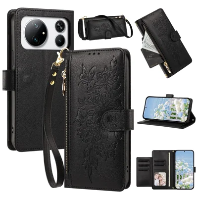 For Honor Magic9 Super Edition 5G Case PU Leather Butterfly Floral Zippered Wallet Phone Cover with Wrist Strap / Shoulder Strap - Black