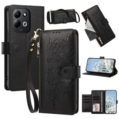 For Xiaomi Redmi 17C 5G Case PU Leather Butterfly Floral Zippered Wallet Phone Cover with Wrist Strap / Shoulder Strap - Black