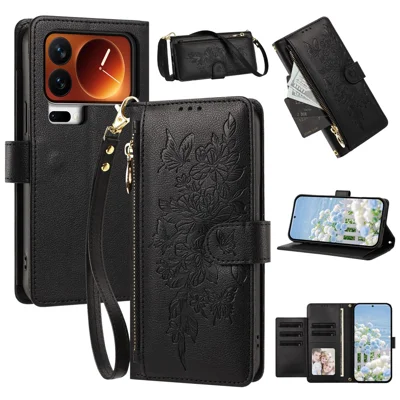 For Xiaomi 18 Pro Max Case PU Leather Butterfly Floral Zippered Wallet Phone Cover with Wrist Strap / Shoulder Strap - Black