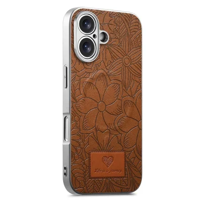 For iPhone 17 Magnetic Case Flowers and Leaves Imprinted PU Leather PC TPU Phone Cover - Brown