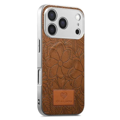 For iPhone 18 Pro  /  17 Pro Magnetic Case Flowers and Leaves Imprinted PU Leather PC TPU Phone Cover - Brown