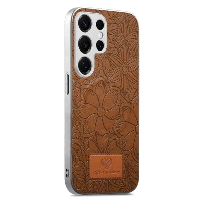 For Samsung Galaxy S26 Ultra Magnetic Case Flowers and Leaves Imprinted PU Leather PC TPU Phone Cover - Brown