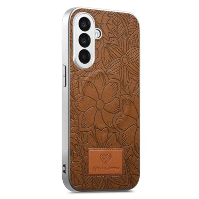 For Samsung Galaxy A16 5G  /  A16 4G Magnetic Case Flowers and Leaves Imprinted PU Leather PC TPU Phone Cover - Brown