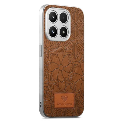 لـ Xiaomi 17 غطاء مغناطيسي بتصميم زهور وأوراق من الجلد الصناعي PC TPU - بني