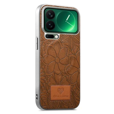 For Xiaomi 17 Pro Max Magnetic Case Flowers and Leaves Imprinted PU Leather PC TPU Phone Cover - Brown