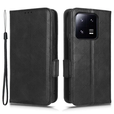 Imprinted Triangle Pattern Phone Cover For Xiaomi 13 5G Wallet Stand Anti-scratch PU Leather Smartphone Case with Hand Strap - Black