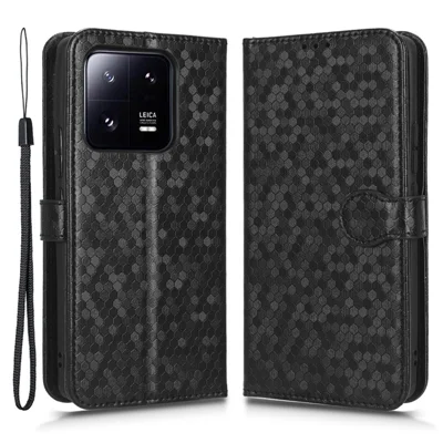 Voor Xiaomi 13 Pro 5G, met stippenpatroon bedrukte krasbestendige hoes van PU-leer met beschermende flip walletstandaard en riem - Zwart