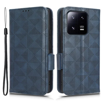 Beschermende telefoonhoes voor Xiaomi 13 Pro 5G, geprinte driehoekpatroon PU-leer anti-val klapwallet hoes met standaard en handband - Blauw