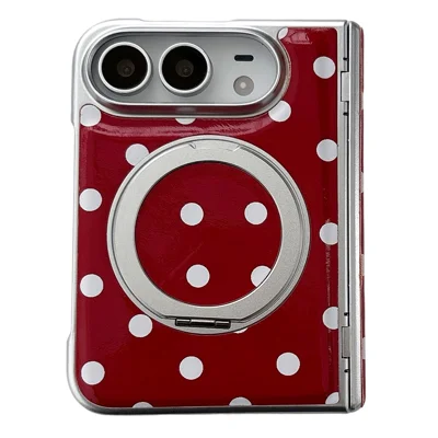 For iPhone Duo Magnetic Case Rotating Kickstand Hinge Protection Polka Dots PC Foldable Phone Cover - Red  /  White