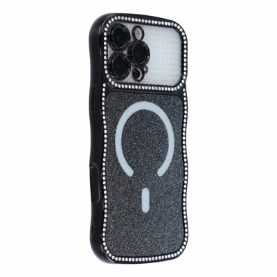 For iPhone 16 Pro Max Magnetic Case Epoxy Glitter Rhinestone Wave TPU Phone Cover with Tempered Glass Lens Protector - Black