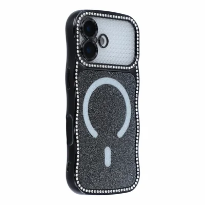 For iPhone 17 Magnetic Case Epoxy Glitter Rhinestone Wave TPU Phone Cover with Tempered Glass Lens Protector - Black