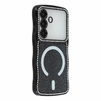 For Samsung Galaxy S25 / S24 Magnetic Case Epoxy Glitter Rhinestone Wave TPU Phone Cover with Tempered Glass Lens Protector - Black