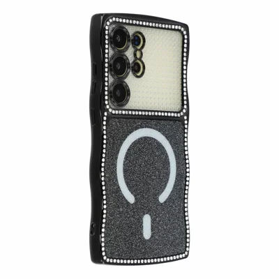For Samsung Galaxy S24 Ultra Magnetic Case Epoxy Glitter Rhinestone Wave TPU Phone Cover with Tempered Glass Lens Protector - Black