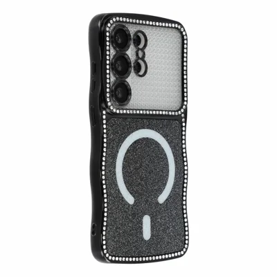 For Samsung Galaxy S25 Ultra Magnetic Case Epoxy Glitter Rhinestone Wave TPU Phone Cover with Tempered Glass Lens Protector - Black