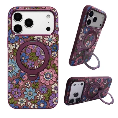 DENIOR For iPhone 18 Pro Max  /  17 Pro Max Case Magnetic Kickstand Embroidered Floral Style Phone Cover - Purple