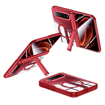 For Xiaomi 18 Fold Magnetic Case with HD Clear Screen Film, Hinge Kickstand Electroplated PC Phone Cover - Red