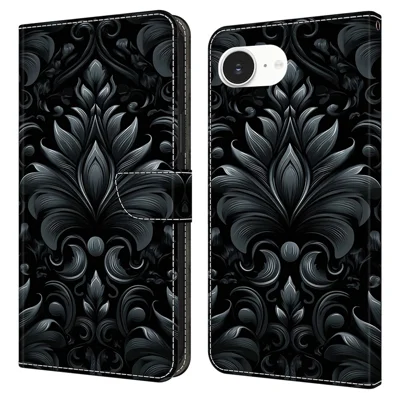 Étui portefeuille en cuir pour iPhone 17e / 16e avec support pliable, fermeture magnétique, motif imprimé - Motif de fines volutes