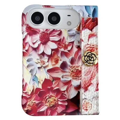 Funda para iPhone Duo con diseño floral en acuarela en relieve, carcasa rígida de PC con correa de muñeca - Rojo acuarela