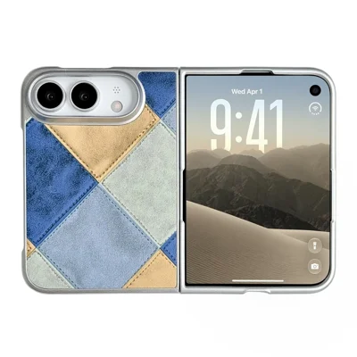 For iPhone Duo Case Color Blocking Retro Diamond Silver Edge Phone Cover - Sapphire / Champagne Gold