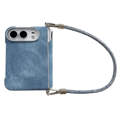 För iPhone Duo Magnetisk Hölje Hängsel Skydd Silverbelagd Kant Jeans Tygstruktur PC Vikbar Telefonhölja med Handslinga - Blå