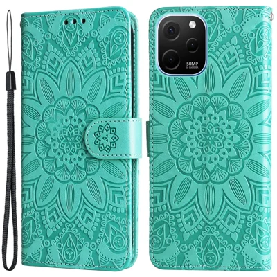 Für Huawei Nova Y61 4G Drop-proof PU Leder Sonnenblume Gedruckter Telefon Hülle Ständer Magnetische Schließung Anti-kratzer-telefonabdeckung Mit Handgurt - Grün