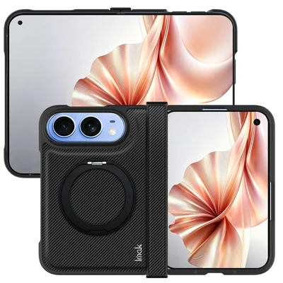 IMAK Ruiyi Serie voor iPhone Duo Cover Magnetisch Draaiend Standaardje Koolstofvezelstructuur Telefoonhoes - Zwart