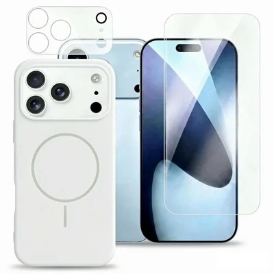 For iPhone 17 Pro Magnetic Phone Case Set with Lens Protector and Clear Tempered Glass Screen Protector - White