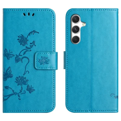 For Samsung Galaxy S27+ Case Wallet Stand Imprinted Butterfly Flower PU Leather Phone Cover with Hand Strap - Blue