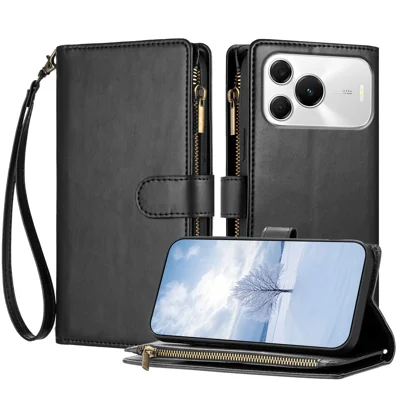  For Huawei nova 16 SE 5G Leather Case Zipper Wallet Stand Shockproof Phone Cover with Wrist Strap - Black