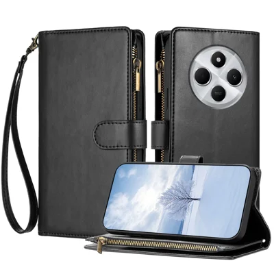  For Xiaomi Redmi 14C 4G / Xiaomi Redmi 14R 5G / Xiaomi Poco C75 4G / Xiaomi Redmi A4 5G / Xiaomi Redmi A3 Pro 4G / Xiaomi Redmi 17C 4G Leather Case Zipper Wallet Stand Shockproof Phone Cover with Wrist Strap - Black